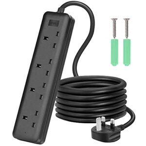 LIPWEL Black Extension Lead 1m Extension Cord 4 Way Multi Plug adaptor