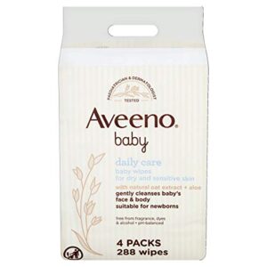 Aveeno Baby Wipes - Sensitive Skin - Cleanse Gently and Efficiently - Baby Wipes - Baby Essentials - Pack of 4 (288 Wipes in Total) [Packaging May Vary]