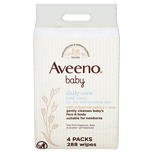 Aveeno Baby Wipes - Sensitive Skin - Cleanse Gently and Efficiently - Baby Wipes - Baby Essentials - Pack of 4 (288 Wipes in Total) [Packaging May Vary]