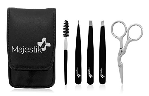 5Pcs Tweezers Set - Eyebrow Grooming Kit with Curved Stainless Steel Scissors