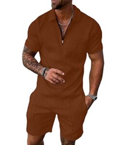 Hoefirm Men's Tracksuit Polo Short Sleeve Suit Set Zip Joggers Gym Top Casual Running Sport Sweat Activewear 2 Piece Suit Pants