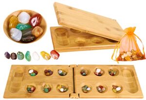 TOWO Mancala Board Game - Kalaha Board Game with Folding Wooden Board Natural Stone Pebbles -Families Board Games-Mancala Games Strategic Game for Kids Adul