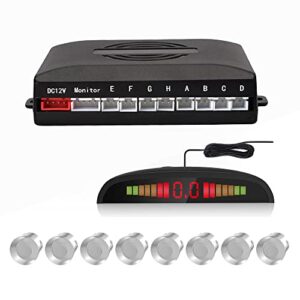 Cocar Car Reverse Parking Radar System with 8 Parking Sensors Distance Detection + LED Distance Display + Sound Warning (Silver Color)