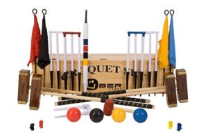 Championship Croquet Set with Wooden Box - Contains 2 sizes of rosewood mallet; 2 x 34” and 2 x 38.” The set also includes 4 16oz composite balls