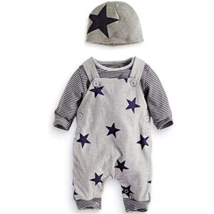 Infant Baby Boys Clothing Sets Newborn Baby Cotton Romper Outfits Suit Toddler Kids Pyjamas 3pcs Long Sleeves T-Shirt + Star Pattern Dungarees+ Hat 0-24 Months