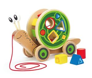 Hape Walk-A-Long Snail Pull Toy |Award-Winning Toddler Wooden Push and Pull Toy with Removable Colour-Coded Shape Sorter Shell