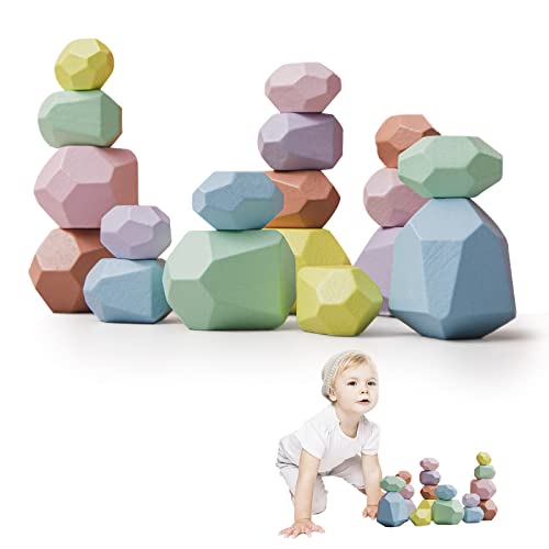 Promise Babe 18 PCS Wooden Stacking Blocks for Kids,Rainbow Colors Stacking Toys Wooden Stone Building Blocks Childrens Wooden Montessori Toys Stacking & Balancing Games Gift for 3 Year Olds Boy Girl