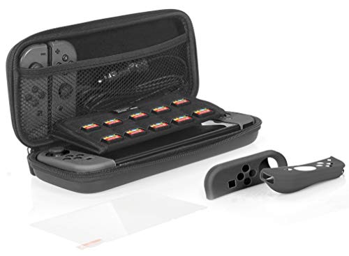 Amazon Basics Protection Kit for Nintendo Switch with Carrying Case and Tempered-glass Screen Protector - Black