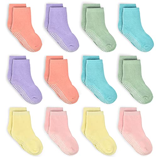 ELUTONG Non Slip Socks Kids-Baby Toddler Infant Newborn Kids Boys Girls Non Slip/Anti Skid-12 Pairs For 1-10 Years Boys And Girls