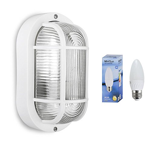 MiniSun Modern White Outdoor Garden Security Bulkhead Wall Light - IP44 Rated - Complete with 1 x 4w LED Bulb            [Energy Class F]