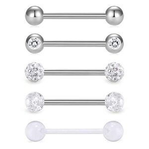 VCMART 5pcs 14Gauge Tongue Bars Piercing Ring Set 16mm Surgical Steel Flexible 5 Styles