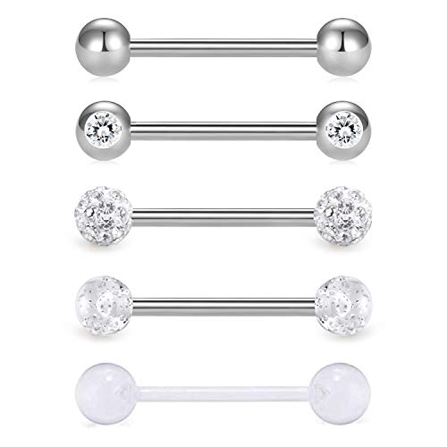 VCMART 5pcs 14Gauge Tongue Bars Piercing Ring Set 16mm Surgical Steel Flexible 5 Styles