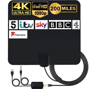 MILIWAN TV Aerial Indoor TV Aerial 200Miles Digital HDTV Antenna with Signal Amplifier TV Antenna VHF UHF 4K 1080P for Local Channels Support ALL Television – 16.4FT Coax Cable