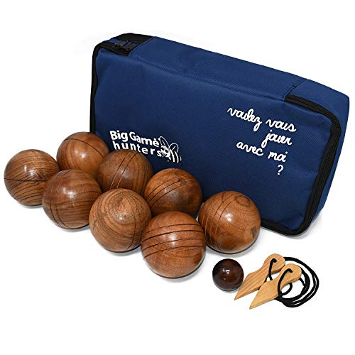 Big Game Hunters Wooden Boules Set of 8 Solid Engraved Balls with Padded Canvas Carry Case