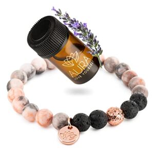 AURA LOVE YOURSELF Relaxation Gift for Women Healing Stress Relief Gift for MUM Lava Rock Bracelet Yoga Beads with Lavender Essential Oil Calming Aromatherapy Diffuser Stone Beaded Bracelet Self Care