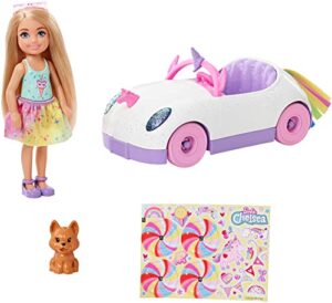 Barbie Club Chelsea Doll (6-Inch Blonde) with Open-Top Rainbow Unicorn-Themed Car