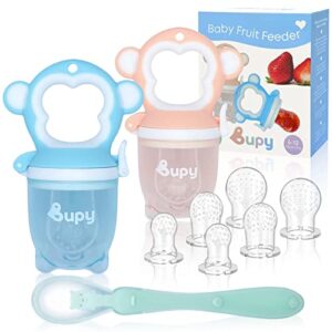 Bupy Fruit Feeder Dummy and Baby Teething Set - 9pcs Baby Fruit Feeder and Teether Kit with Baby Feeding Spoon and 3 Teat Sizes – Pacifier Feeder for Weaning and Teething in Babies Aged 0-12 Months