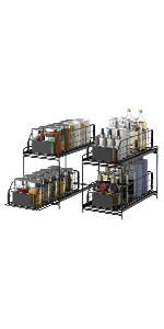 2 Pack Under Sink Storage, Multifunctional Bathroom Organizer with Basket, Matte Black