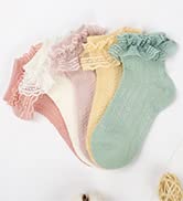KEREDA Girls Kids Baby Frilly Socks White Cotton Ankle School Lace Socks 5 Pairs Age 6M-9Y