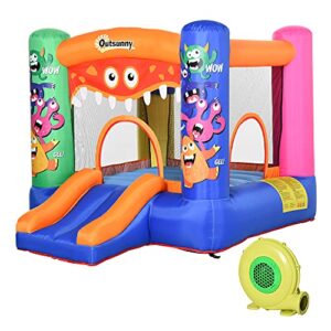 Outsunny 3-in-1 Kids Bouncy Castle with Slide Trampoline Basket