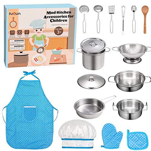 FUQUN 17 Pcs Kids Play Kitchen Accessories with Stainless Steel Cookware Toy Pots and Pans Set