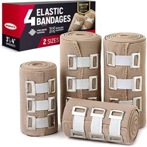 Premium Compression Bandage - Pack of 4 - (2 x 7.5cm + 2 x 10cm) - Durable Elastic Bandage Wrap + 12 Extra Clips - Stretches up to 4.6m