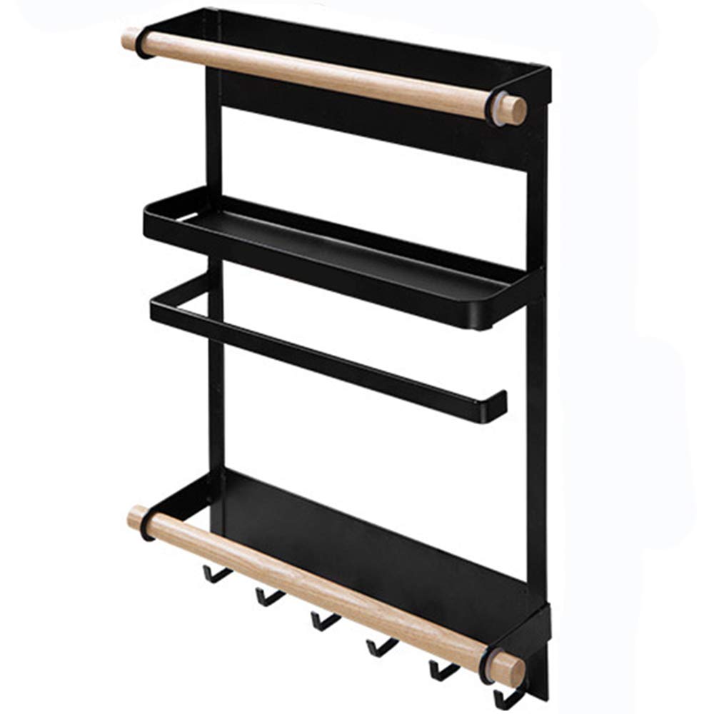 Spice Rack Wooden Magnetic Kitchen Storage Shelf Jar Herb Organizer Refrigerator Side Towel Hanger Roll Paper Holder Fridge Hanging Adjustable Washing Machine Rack 6 Hooks