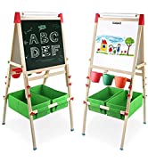 Veluoess 2 in 1 Wooden Kids Easel, Double Sided Whiteboard and Blackboard with Painting Supplies ...