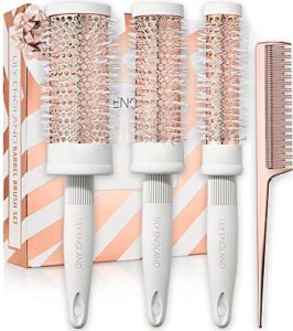 Round Brush Set for Women - Round Barrel Hair Brushes and Tail Comb for Blow Drying - Blow Dry Hairbrush For Women - White & Rose Gold by Lily England