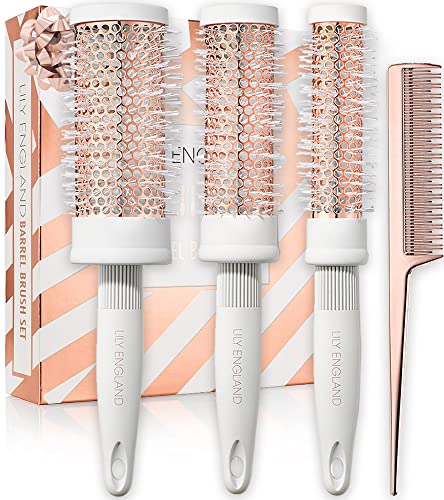 Round Brush Set for Women - Round Barrel Hair Brushes and Tail Comb for Blow Drying - Blow Dry Hairbrush For Women - White & Rose Gold by Lily England