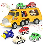 Aoskie Dinosaur Toys for Kids 3-7, Transporter Truck with Roar Sound & Lights, 3 Pull Back Cars, ...