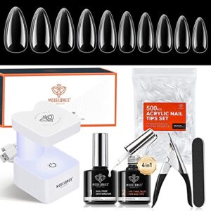 Modelones Nail Tips and Glue Gel Kit- Gel x Nail Kit 500pcs Clear Fake Nails Almond Nail Tips with Nail Prep Dehydrate 4In1 Nail Glue U V/LED Lamp Nail Art Tools Acrylic Nail Kit Extension Se
