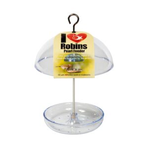 Jacobi Jayne ILR-PF Clear Hanging Bird Feeder - I Love Robins Pearl Feeder with 15cm rain dome - attracts small garden birds. Fill with birdseed or mealworms