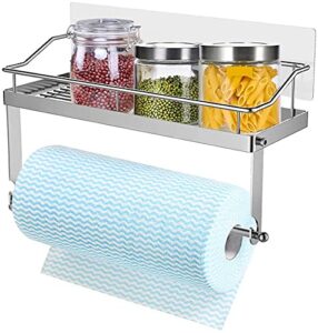 No Drilling Adhesive Paper Towel Holder with Shelf Kitchen Roll Dispenser Spice Rack Wall Mounted Bathroom Organiser Storage SUS304 Stainless Steel Material (Silver)