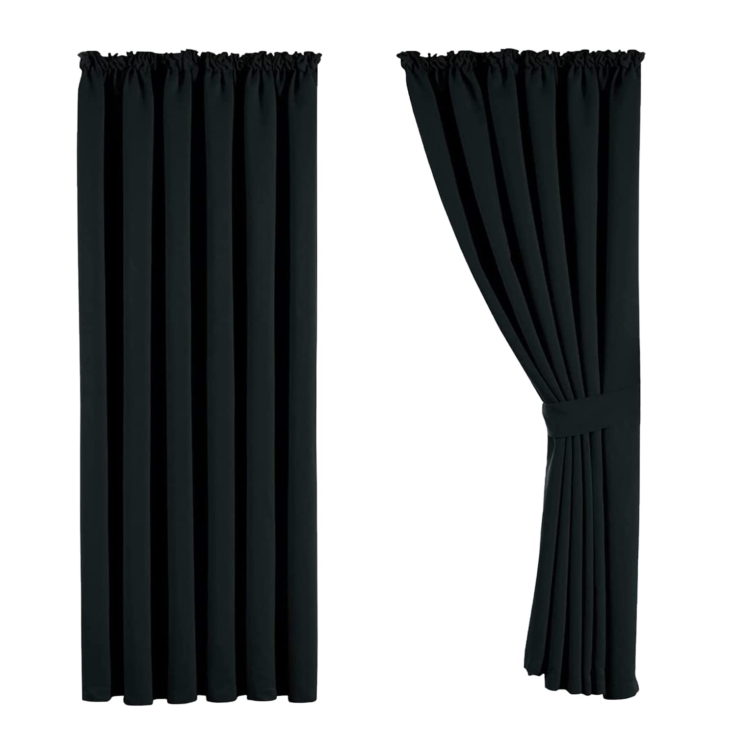Aspire Homeware Blackout Curtains for Living Room Pencil Pleat Black Bedroom Curtains Tape Top 66 x 72 Drop Super Soft Thermal Insulated Window Curtain Drapes Pair Panel + Tiebacks
