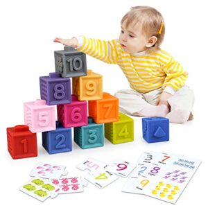 yoliyogo Stacking Blocks Toy Kids Building Block Plus Matching Puzzle Card Squeeze Block Toy 12pcs with 18pcs Animal Matching Puzzle Card Ideal Early Learning Set Educational Toy Gift for Kids