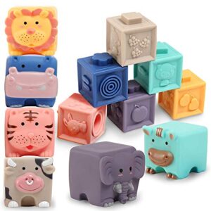 OleOletOy Baby Blocks 12 Pcs Soft Building Blocks for Teethers Chewing Montessori Sensory Stacking Toys 6 Months and up Educational Squeeze Play with Numbers Animals Shapes Texture