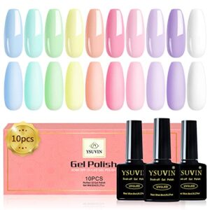 Yueshop Gel Nail Polishes- 10 Pcs Gel Nail Polish Set Summer Macaron Candy Pastel Color Soak Off Nail Gel Polish Nude Pink Blue White Purple Yellow Nail Varnish Starter Kit with Glossy Beauty Gifts