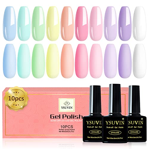 Yueshop Gel Nail Polishes- 10 Pcs Gel Nail Polish Set Summer Macaron Candy Pastel Color Soak Off Nail Gel Polish Nude Pink Blue White Purple Yellow Nail Varnish Starter Kit with Glossy Beauty Gifts