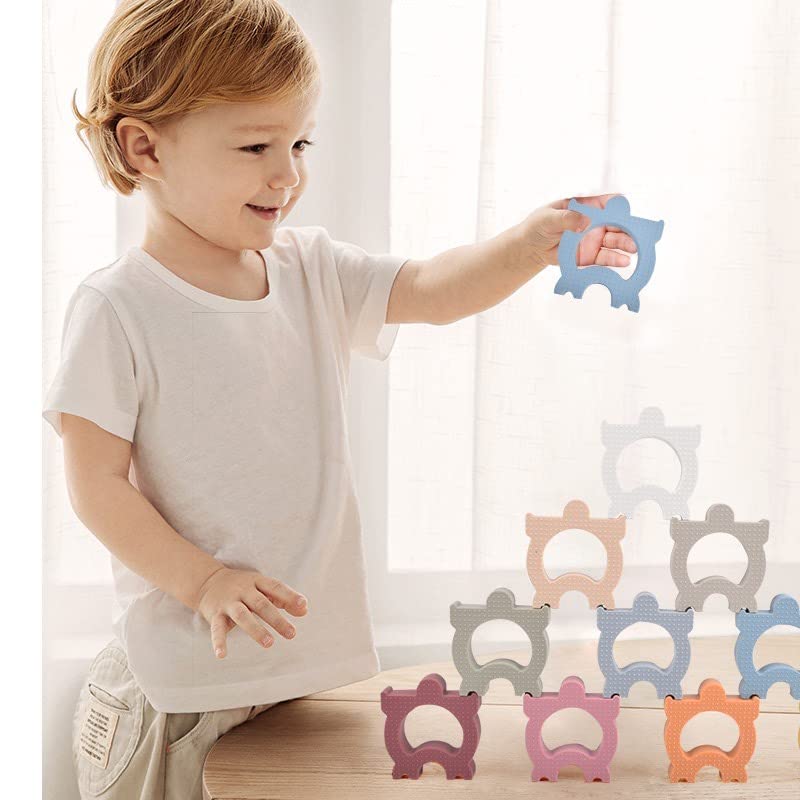 Silicone stacking toy 2 in 1 - BPA free - baby teether - montessori toys - soft tower blocks 10 piece - for baby and toddler - early development educational toys