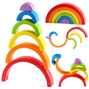 Lewo Wooden Toys Rainbow Stacker Large Nesting Puzzle Blocks Sorting Stacking Plugging Educational Toys for 2 3 4 Year olds Toddlers Kids Boys Girls