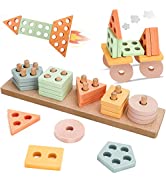 Kimzom Wooden Shape Sorting Stacking Blocks Toys for Toddler Boys Girls - Best Learning Gift