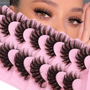 JIMIRE Faux Mink Lashes Wispy Fluffy Cat Eye 6D Volume Russian Strip D Curl False Eyelashes Thick Crossed Soft Curly Fake Lashes 7 Pairs Pack