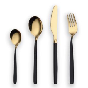 Berglander 24 Piece Titanium Black and Golden Plated Stainless Steel Silverware Set