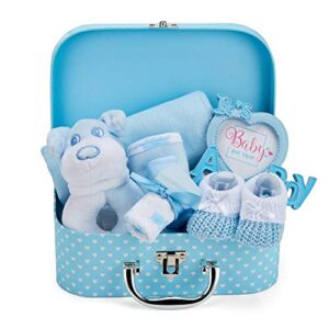 Newborn Baby Boy Gift Set - Hand Packed into Small Blue Hamper Keepsake Box Styled as a Case includes Soft Toy Rattle