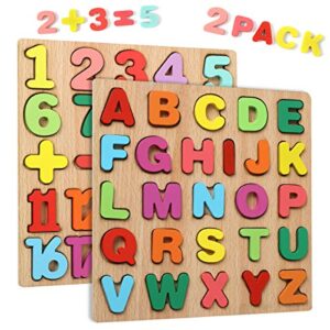 wgde toy Wooden Jigsaw Puzzles for 2 3 4 Year Old Kids with 20-piece Numbers and 26-piece ABC Alphabet - Best Early Education Recognition Toys (2 Pieces)