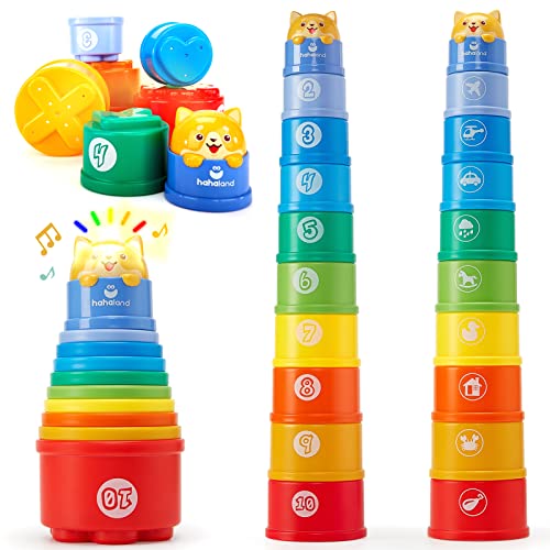 hahaland Rainbow Stacking Cups 10 Pcs Toys for 1 Year Old Girls Boys Toddler Toys with Lights Sounds Number Nesting Stacking Cups Educational Bath Baby Toys 12 18 Months 2 Year Old Girls Boys