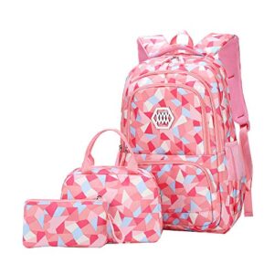 SellerFun Girl Geometric Printed Primary Junior High University School Bag Bookbag 3pcs Backpack Sets(2# Pink-3pcs
