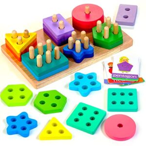 HELLOWOOD Montessori Educational Toys for 1 2 3 Years Old Toddlers Wooden Sorting and Stacking Board