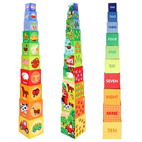 SOKA 10pcs Farm Animals Stacking Cubes Balancing Building Farm Animal Boxes Educational Developmental Montessori Learning Blocks Toy Set Gift for Toddlers Children Boy Girl Ages 12 month old +